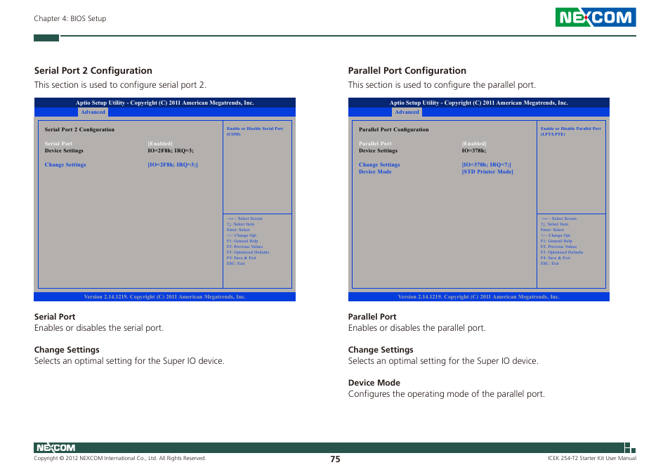 Serial port 2 configuration, Parallel port configuration | NEXCOM ICES 254 User Manual | Page 89 / 98