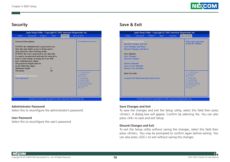 Security save & exit, Security, Save & exit | NEXCOM ICES 254 User Manual | Page 93 / 98