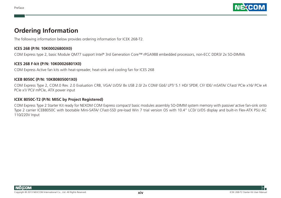 Ordering information | NEXCOM ICES 268 User Manual | Page 14 / 96