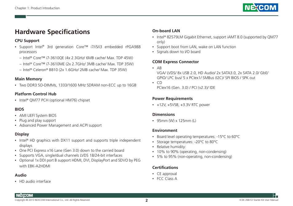 Hardware specifications | NEXCOM ICES 268 User Manual | Page 16 / 96