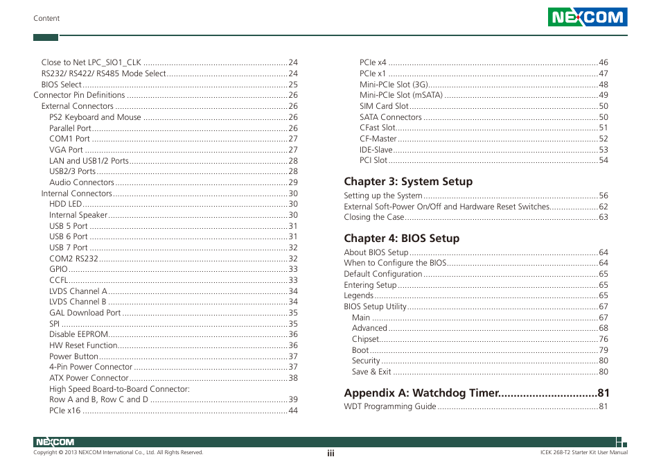 Chapter 3: system setup, Chapter 4: bios setup, Appendix a: watchdog timer | NEXCOM ICES 268 User Manual | Page 3 / 96