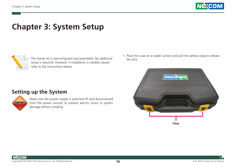 Chapter 3: system setup, Setting up the system | NEXCOM ICES 268 User Manual | Page 70 / 96