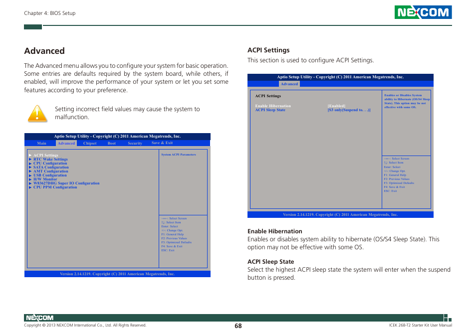 Advanced, Acpi settings | NEXCOM ICES 268 User Manual | Page 82 / 96