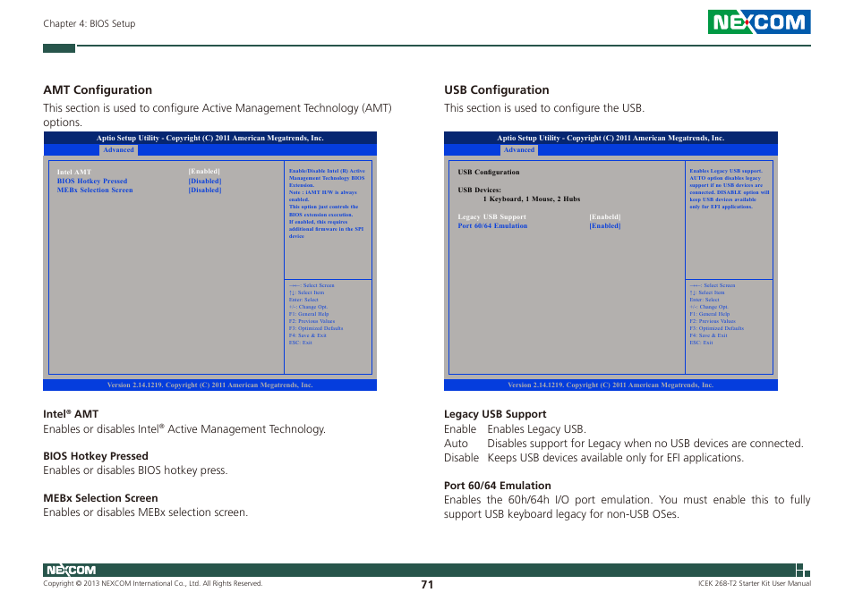 Usb configuration, Amt configuration | NEXCOM ICES 268 User Manual | Page 85 / 96