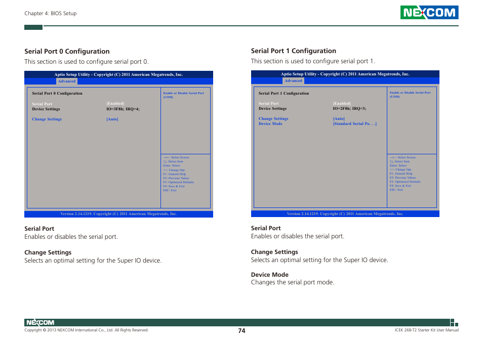 Serial port 1 configuration, Serial port 0 configuration | NEXCOM ICES 268 User Manual | Page 88 / 96