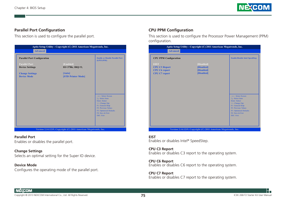 Parallel port configuration, Cpu ppm configuration | NEXCOM ICES 268 User Manual | Page 89 / 96