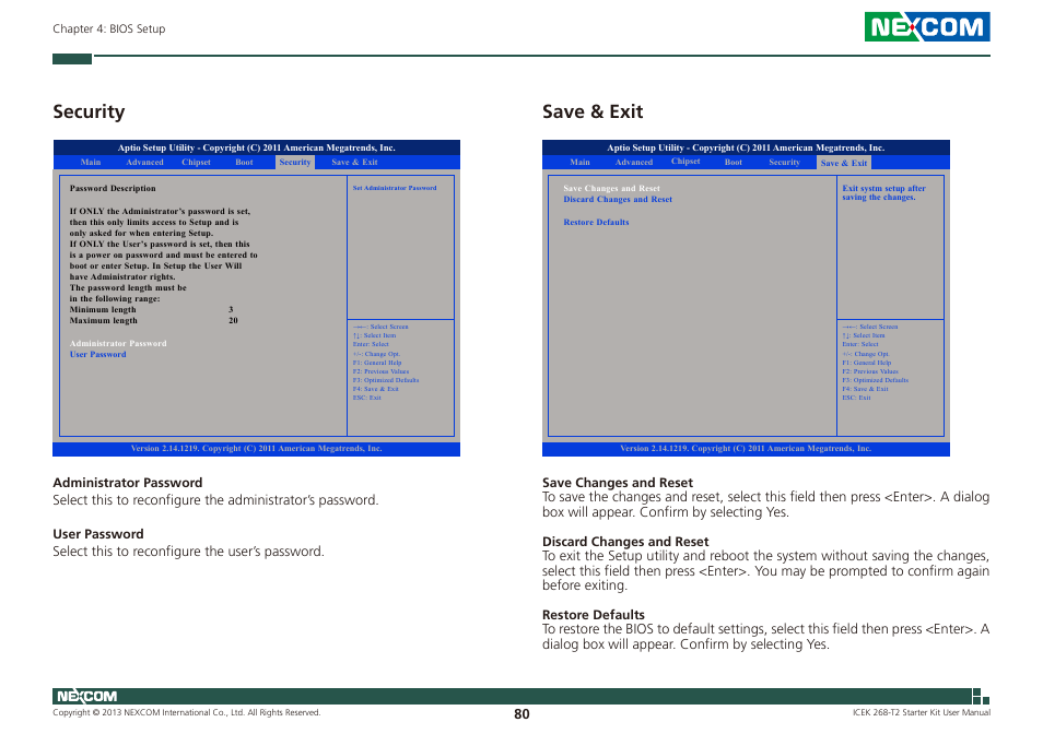 Security save & exit, Security, Save & exit | NEXCOM ICES 268 User Manual | Page 94 / 96