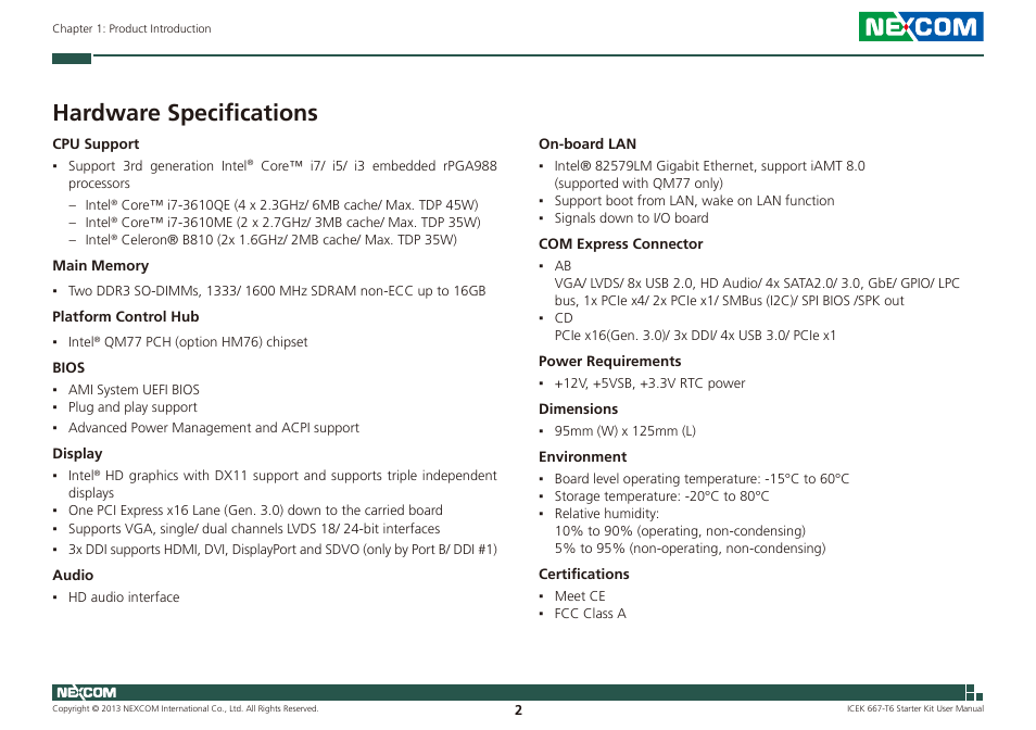 Hardware specifications | NEXCOM ICES 667 User Manual | Page 16 / 100