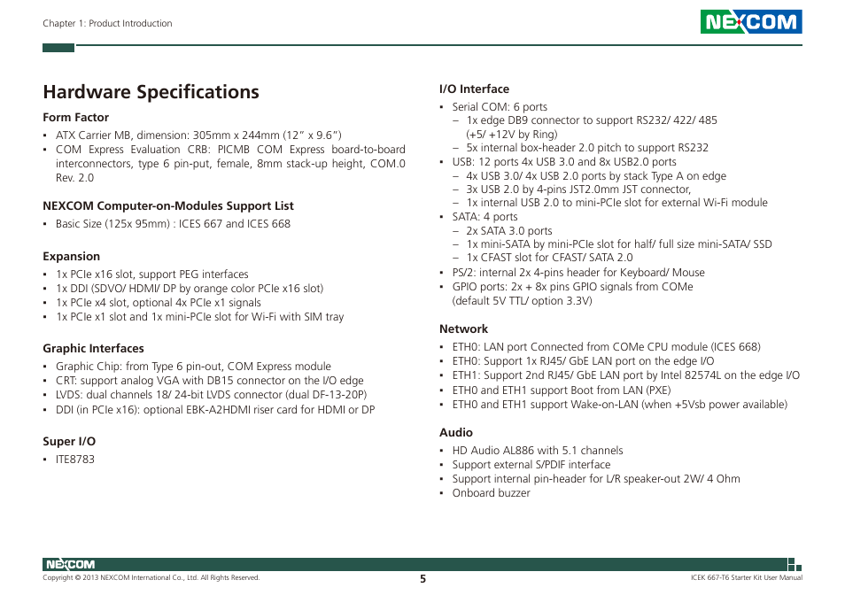 Hardware specifications | NEXCOM ICES 667 User Manual | Page 19 / 100
