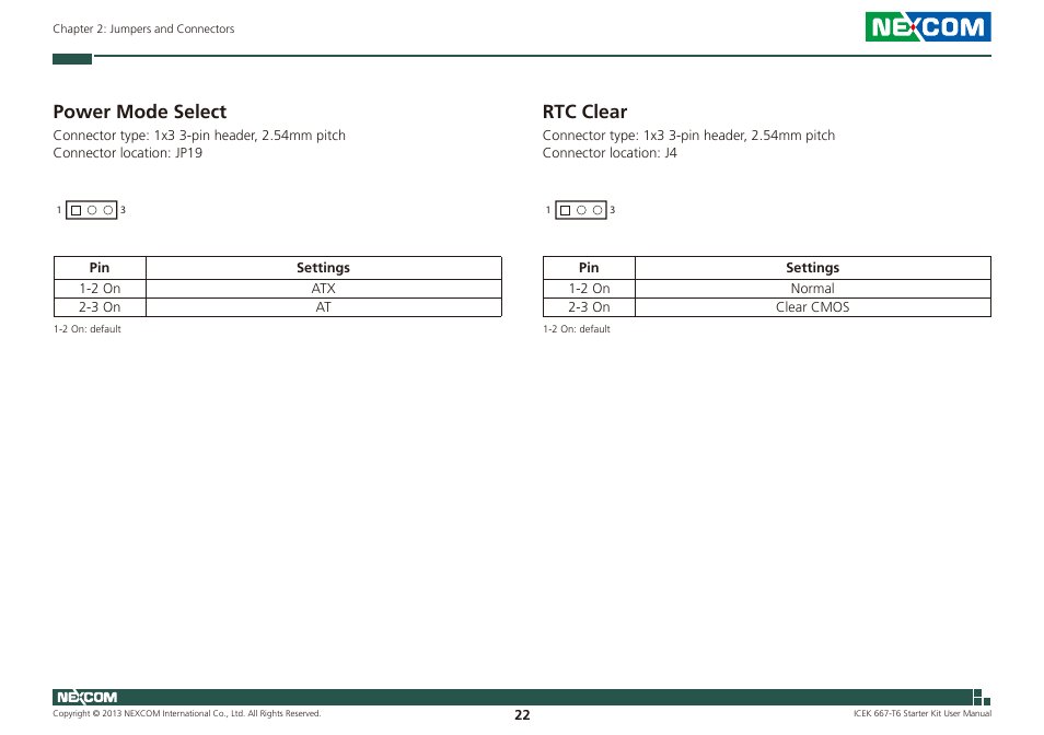 Power mode select rtc clear, Power mode select, Rtc clear | NEXCOM ICES 667 User Manual | Page 36 / 100