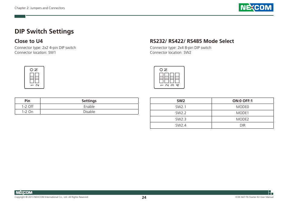 Dip switch settings, Close to u4 rs232/ rs422/ rs485 mode select, Close to u4 | NEXCOM ICES 667 User Manual | Page 38 / 100