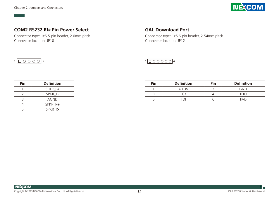 Com2 rs232 ri# pin power select gal download port, Com2 rs232 ri# pin power select, Gal download port | NEXCOM ICES 667 User Manual | Page 45 / 100