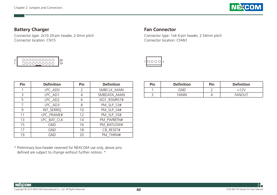 Battery charger fan connector, Battery charger, Fan connector | NEXCOM ICES 667 User Manual | Page 54 / 100