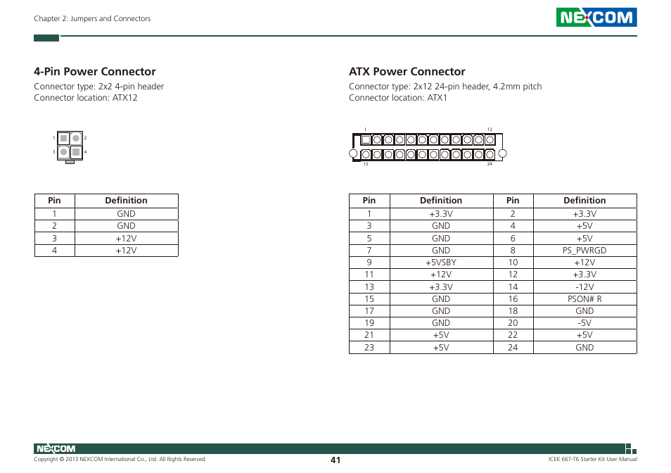 Pin power connector atx power connector, Pin power connector, Atx power connector | NEXCOM ICES 667 User Manual | Page 55 / 100