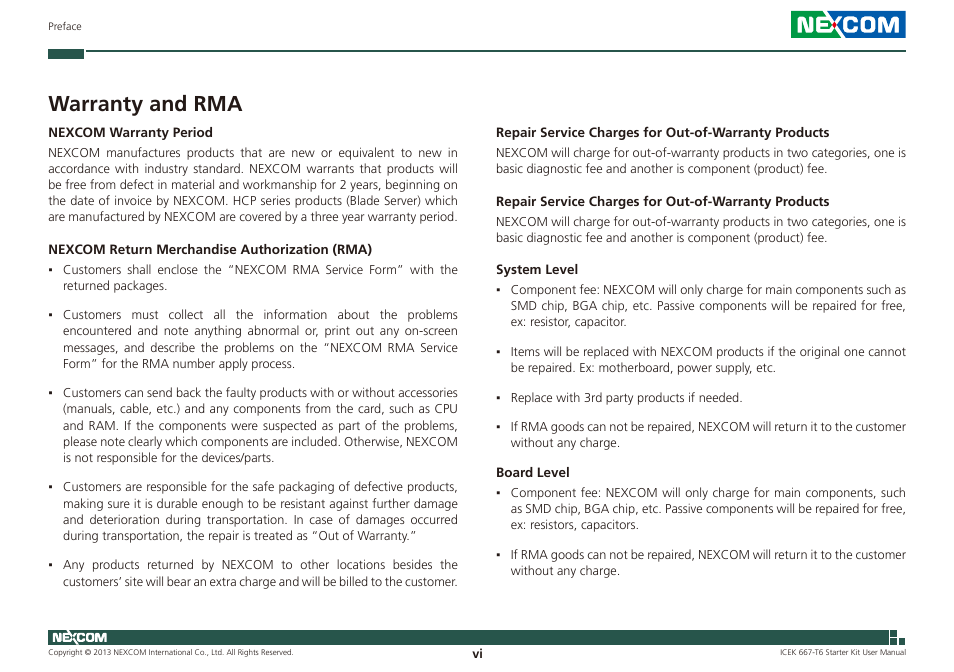 Warranty and rma | NEXCOM ICES 667 User Manual | Page 6 / 100