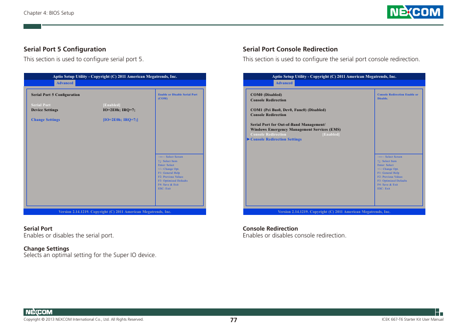 Serial port 5 configuration, Serial port console redirection | NEXCOM ICES 667 User Manual | Page 91 / 100