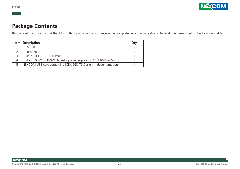 Package contents | NEXCOM ICES 668 User Manual | Page 13 / 105