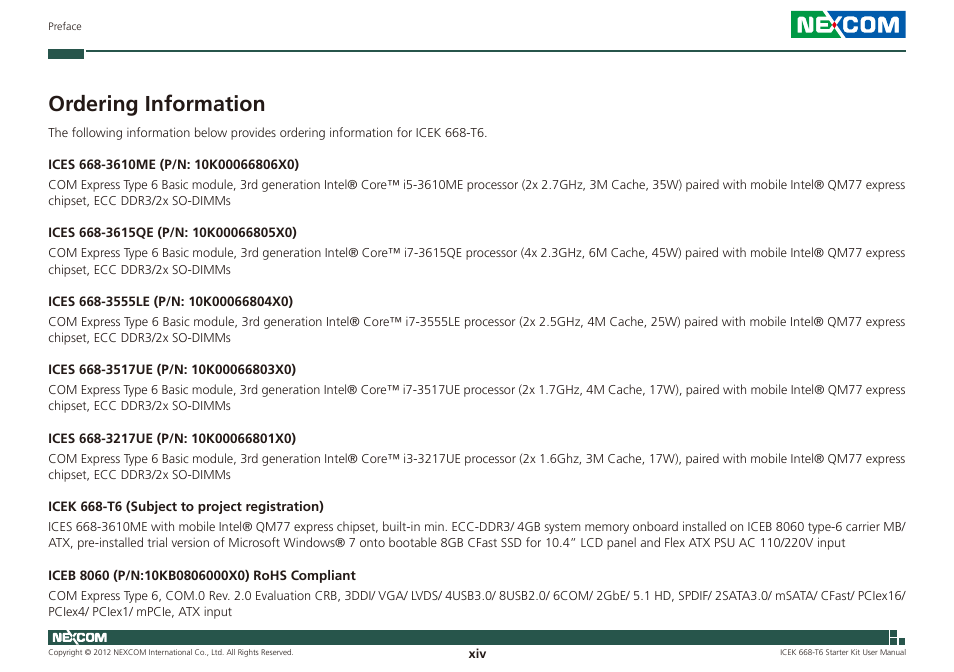 Ordering information | NEXCOM ICES 668 User Manual | Page 14 / 105