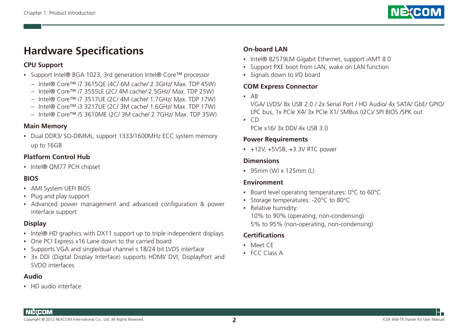 Hardware specifications | NEXCOM ICES 668 User Manual | Page 16 / 105