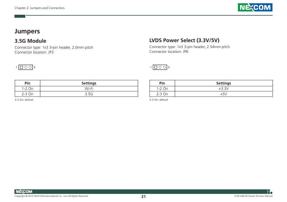 Jumpers, 5g module lvds power select (3.3v/5v), 5g module | Lvds power select (3.3v/5v) | NEXCOM ICES 668 User Manual | Page 35 / 105