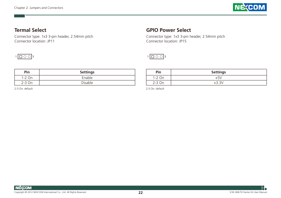 Termal select gpio power select, Termal select, Gpio power select | NEXCOM ICES 668 User Manual | Page 36 / 105