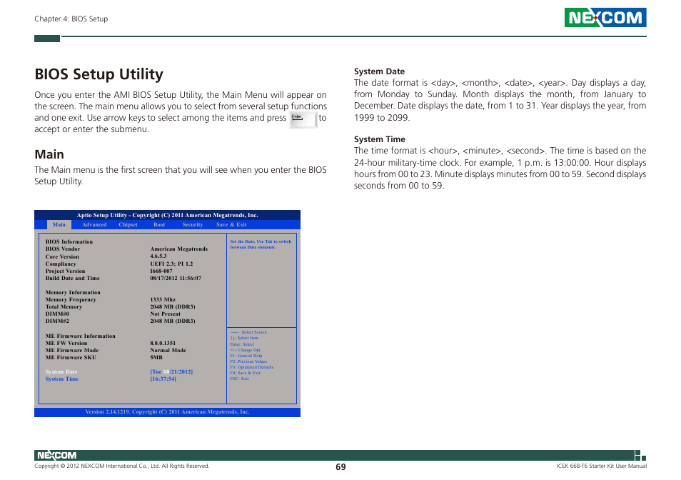 Bios setup utility, Main | NEXCOM ICES 668 User Manual | Page 83 / 105