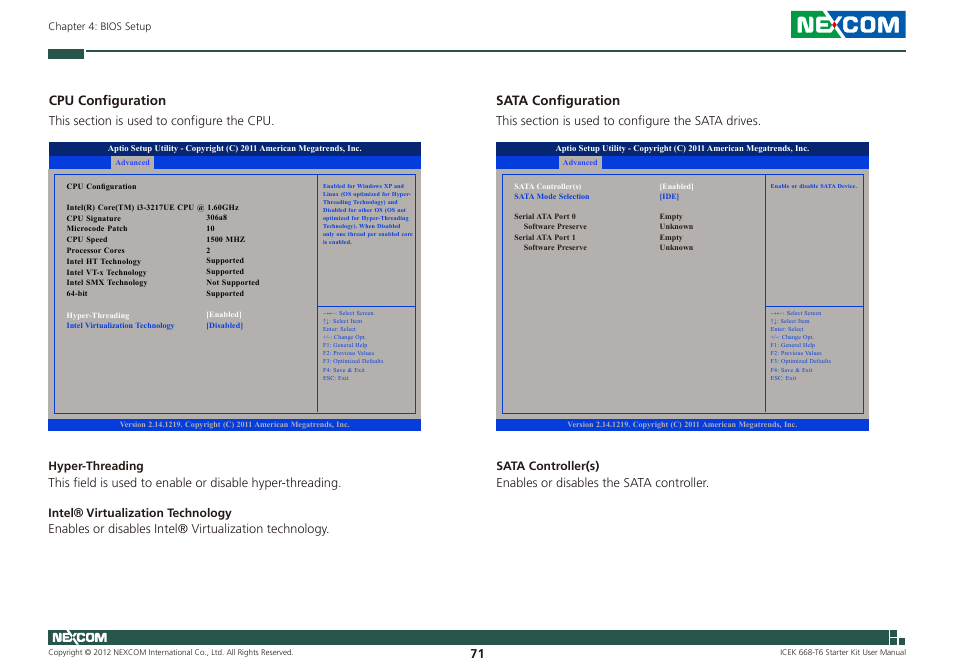 Cpu configuration, Sata configuration | NEXCOM ICES 668 User Manual | Page 85 / 105