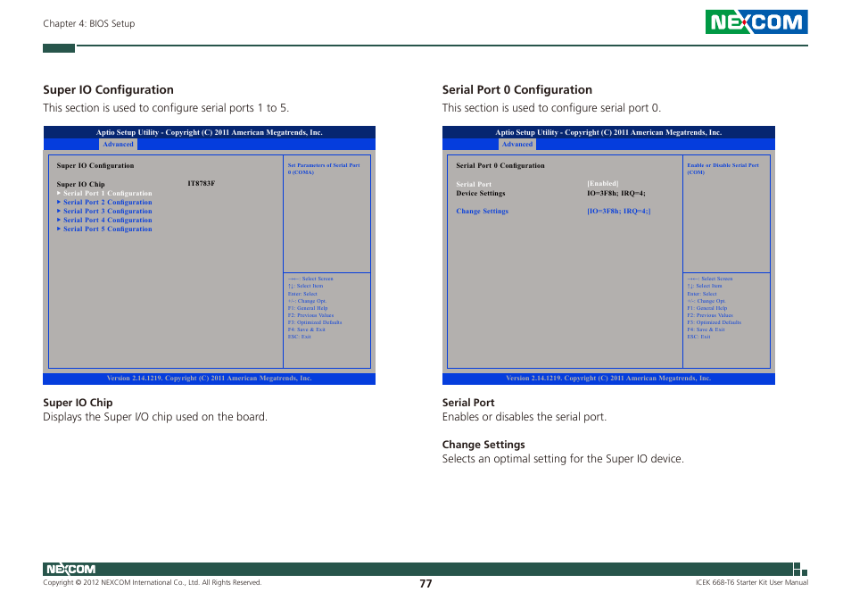 Super io configuration, Serial port 0 configuration | NEXCOM ICES 668 User Manual | Page 91 / 105