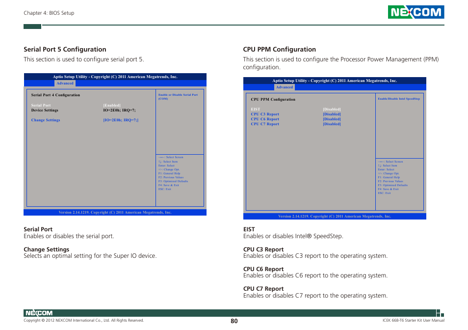 Serial port 5 configuration, Cpu ppm configuration | NEXCOM ICES 668 User Manual | Page 94 / 105