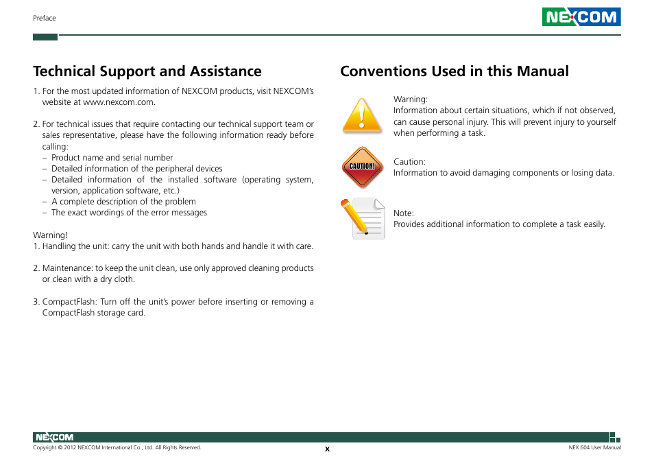 Technical support and assistance, Conventions used in this manual | NEXCOM NEX 604 User Manual | Page 10 / 61