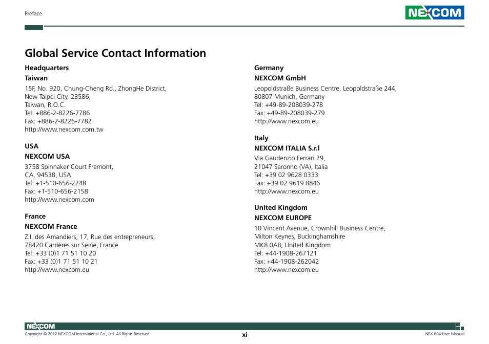 Global service contact information | NEXCOM NEX 604 User Manual | Page 11 / 61