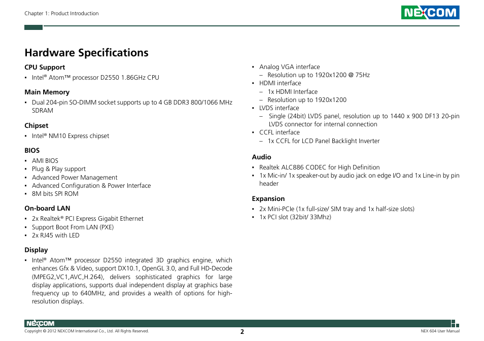 Hardware specifications | NEXCOM NEX 604 User Manual | Page 17 / 61