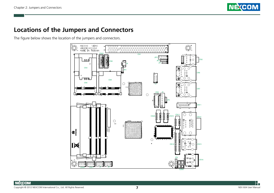 Locations of the jumpers and connectors, Chapter 2: jumpers and connectors | NEXCOM NEX 604 User Manual | Page 22 / 61