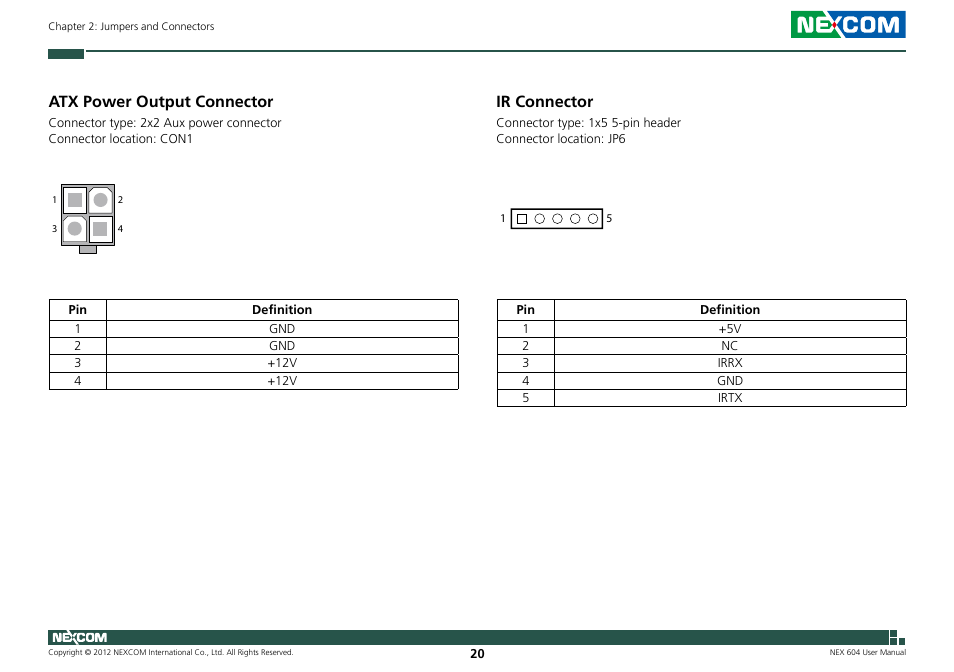 Atx power output connector, Ir connector | NEXCOM NEX 604 User Manual | Page 35 / 61