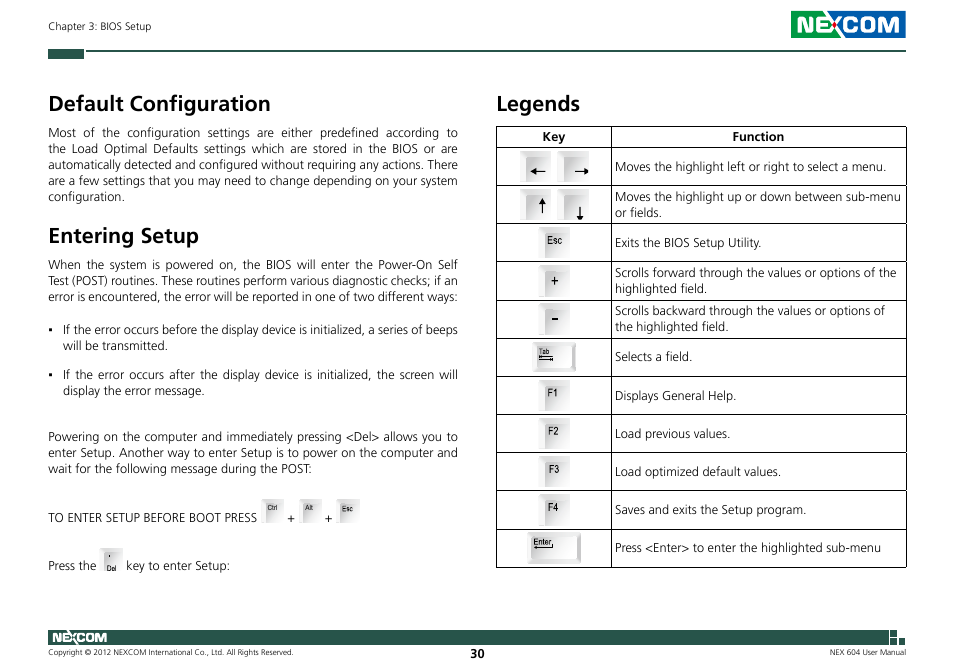 Default configuration, Entering setup, Legends | NEXCOM NEX 604 User Manual | Page 45 / 61