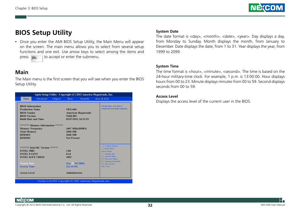 Bios setup utility, Main | NEXCOM NEX 604 User Manual | Page 47 / 61