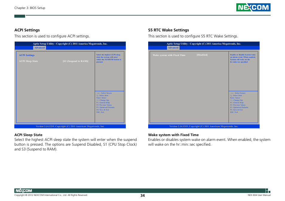 Acpi settings, S5 rtc wake settings | NEXCOM NEX 604 User Manual | Page 49 / 61