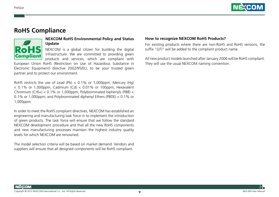 Rohs compliance | NEXCOM NEX 604 User Manual | Page 5 / 61