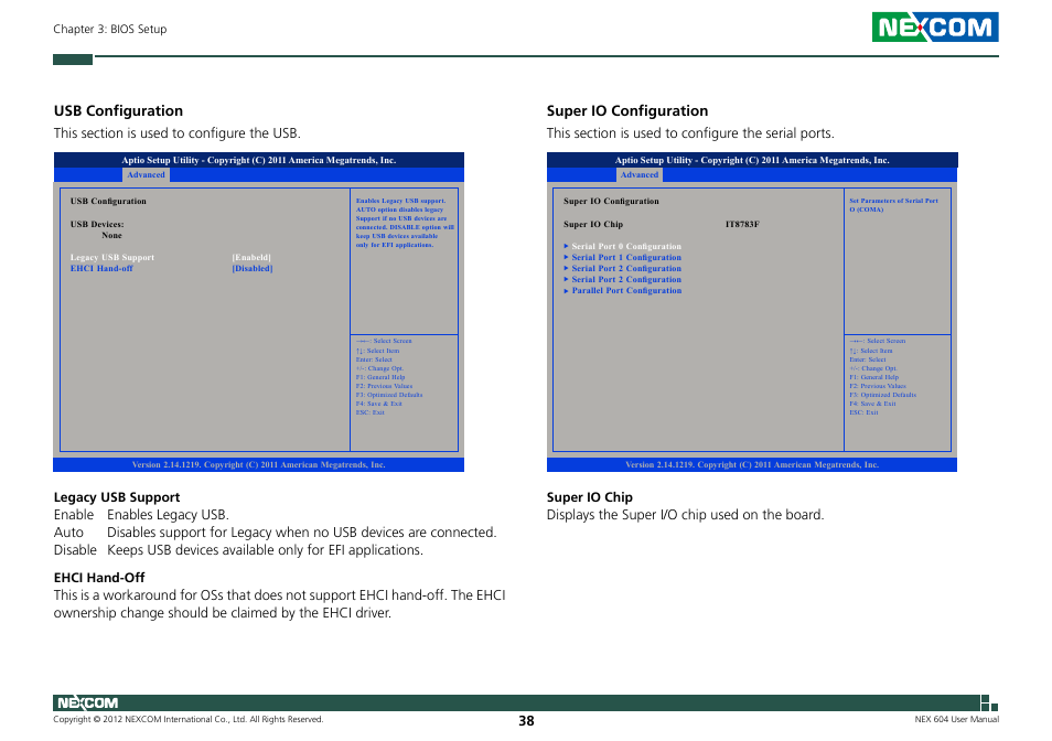 Usb configuration, Super io configuration | NEXCOM NEX 604 User Manual | Page 53 / 61