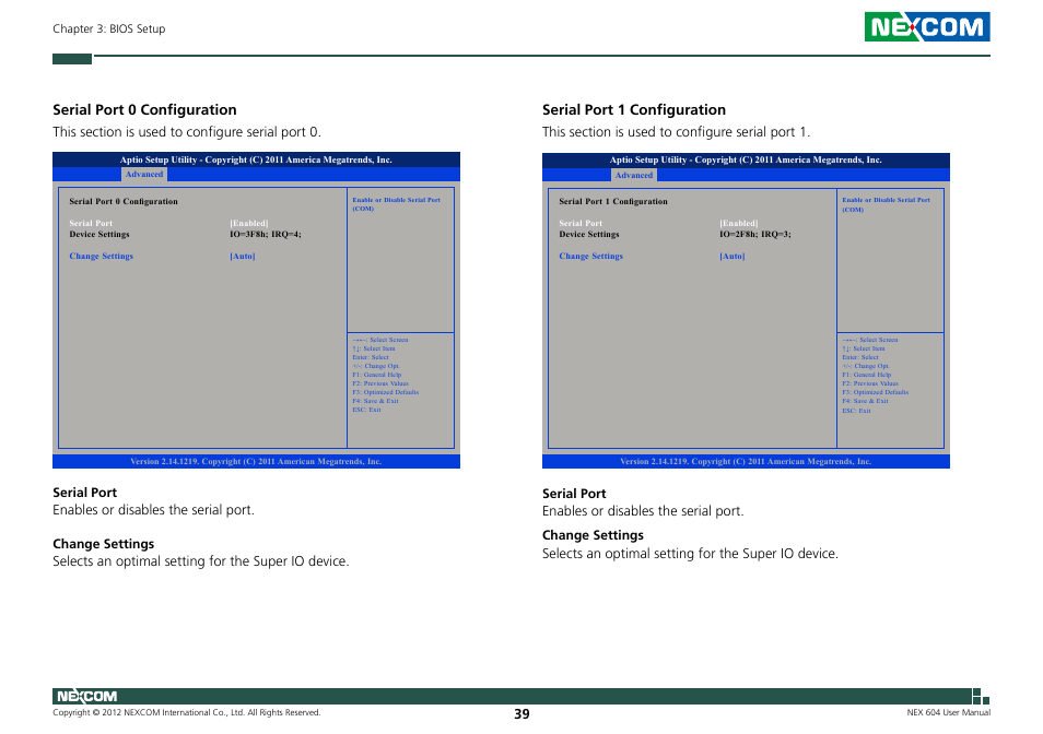 Serial port 0 configuration, Serial port 1 configuration | NEXCOM NEX 604 User Manual | Page 54 / 61