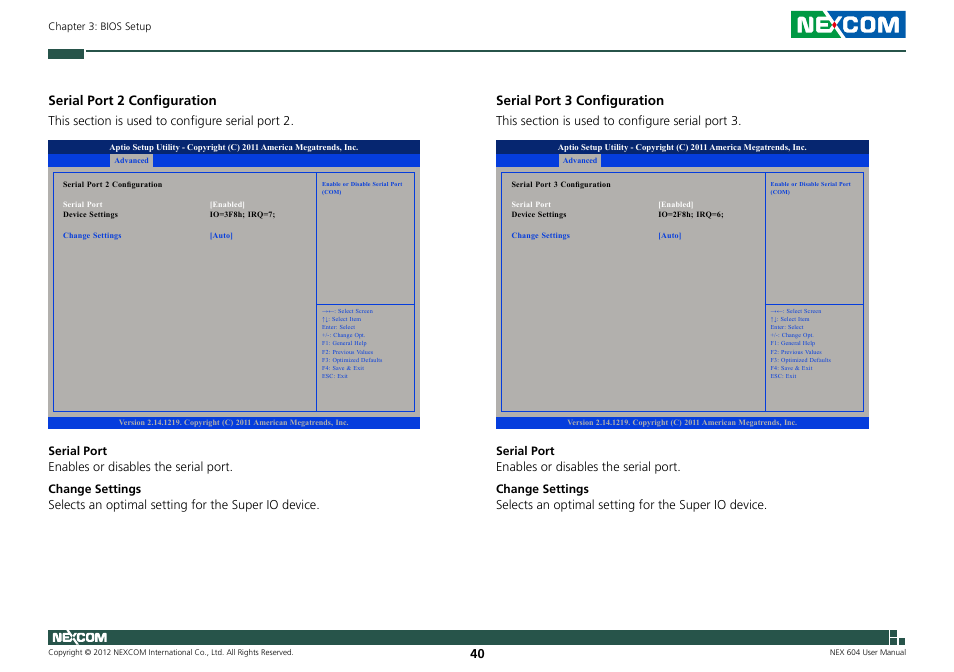 Serial port 2 configuration, Serial port 3 configuration | NEXCOM NEX 604 User Manual | Page 55 / 61