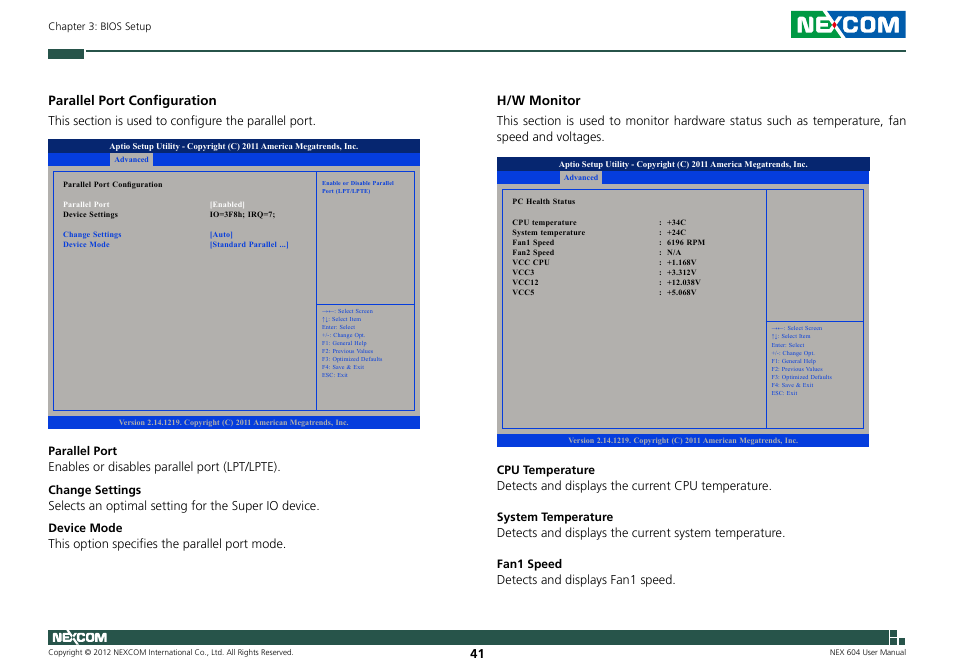 H/w monitor, Parallel port configuration | NEXCOM NEX 604 User Manual | Page 56 / 61