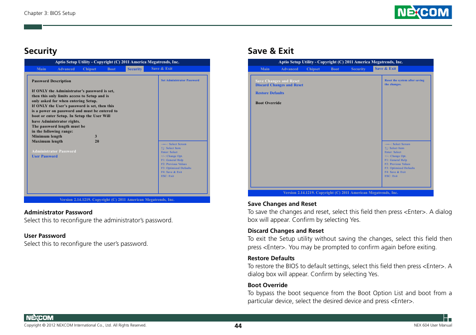 Security, Save & exit | NEXCOM NEX 604 User Manual | Page 59 / 61