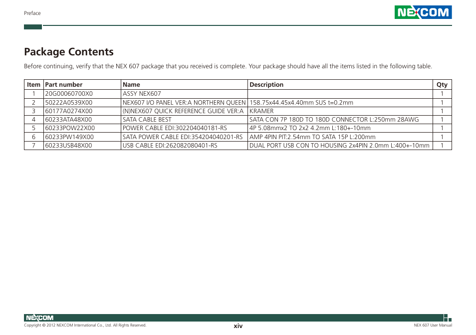 Package contents | NEXCOM NEX 607 User Manual | Page 14 / 75