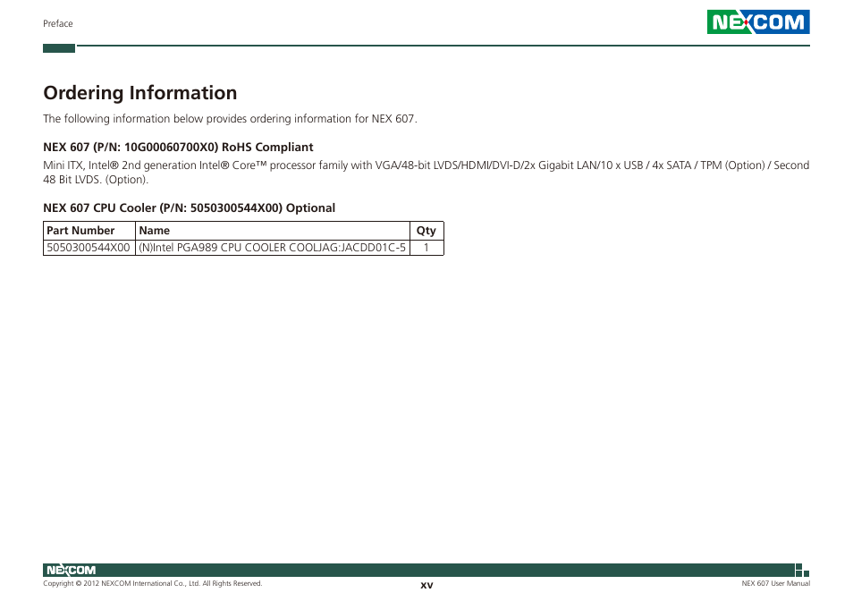 Ordering information | NEXCOM NEX 607 User Manual | Page 15 / 75