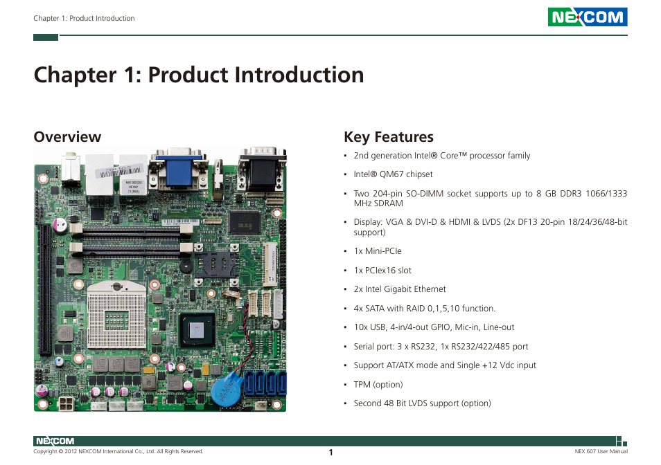 Chapter 1: product introduction, Key features, Overview | NEXCOM NEX 607 User Manual | Page 16 / 75