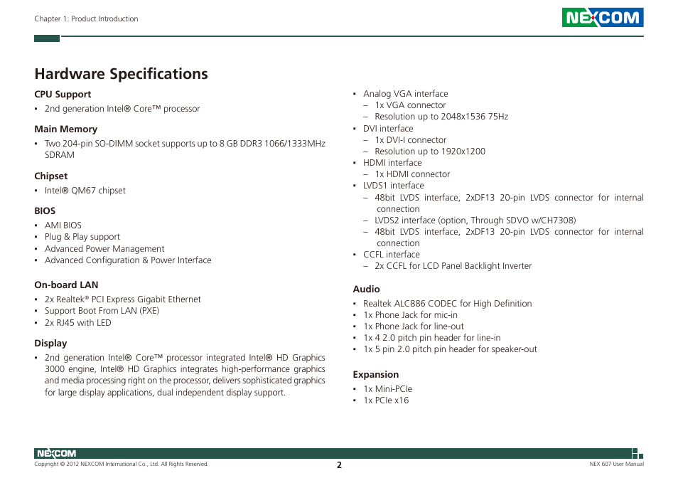 Hardware specifications | NEXCOM NEX 607 User Manual | Page 17 / 75