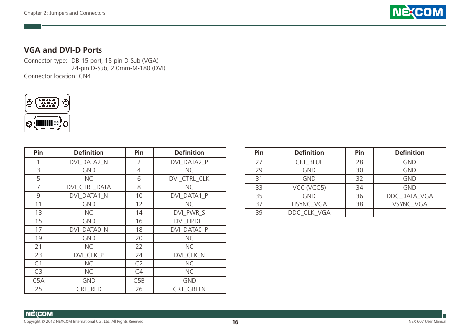 Vga and dvi-d ports | NEXCOM NEX 607 User Manual | Page 31 / 75
