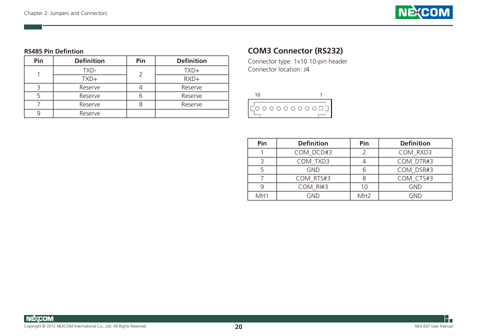 Com3 connector (rs232) | NEXCOM NEX 607 User Manual | Page 35 / 75