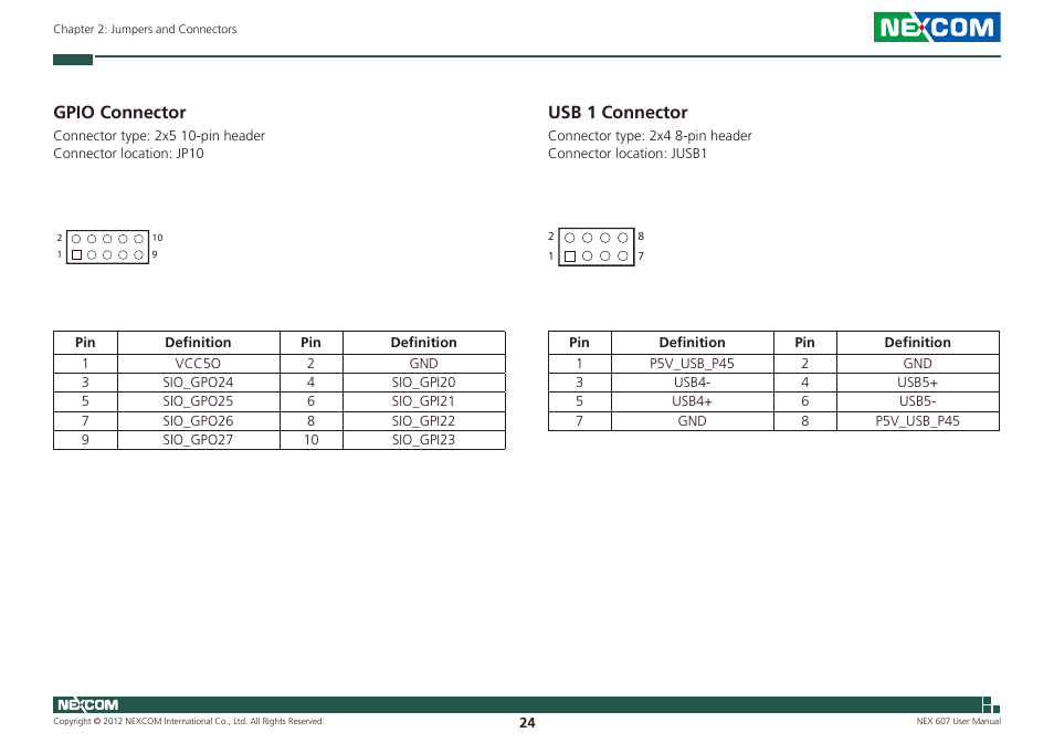 Gpio connector, Usb 1 connector | NEXCOM NEX 607 User Manual | Page 39 / 75